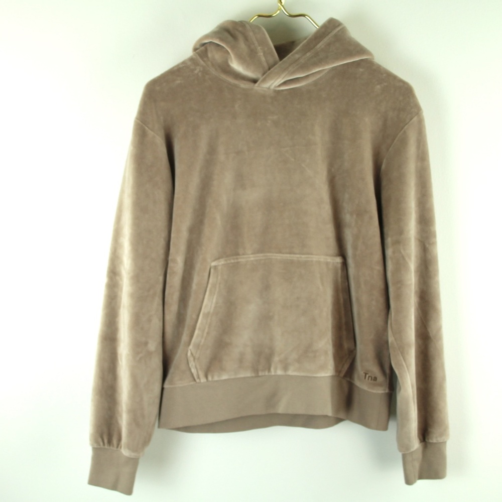 Aritzia TNA Velour Perfect Warm Taupe Soft Hoodie Pullover Sweatshirt Top S NWT
